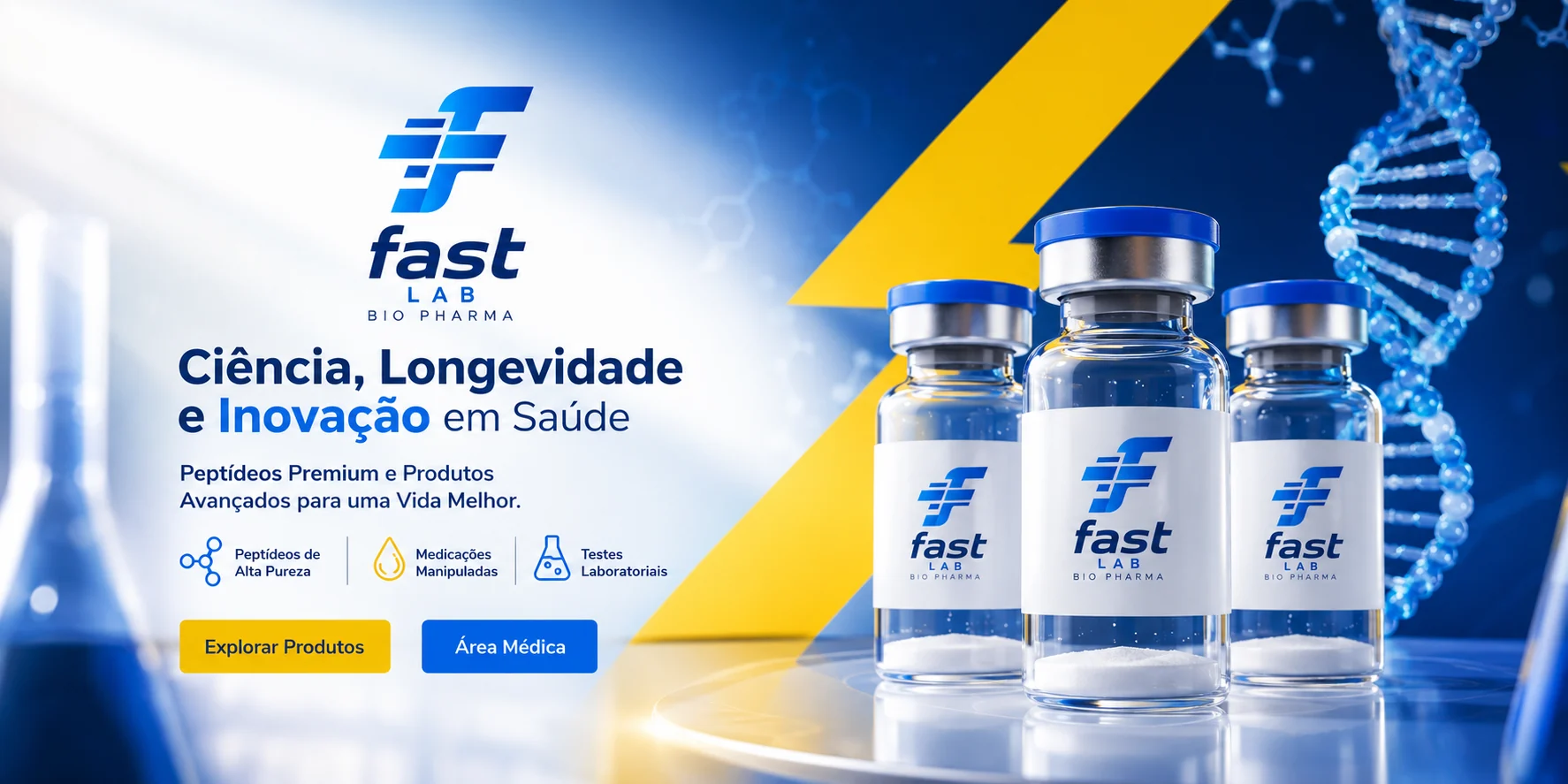 FAST LAB Bio Pharma: ciência, longevidade e inovação em saúde. Peptídeos de alta pureza, medicações manipuladas e testes laboratoriais.
