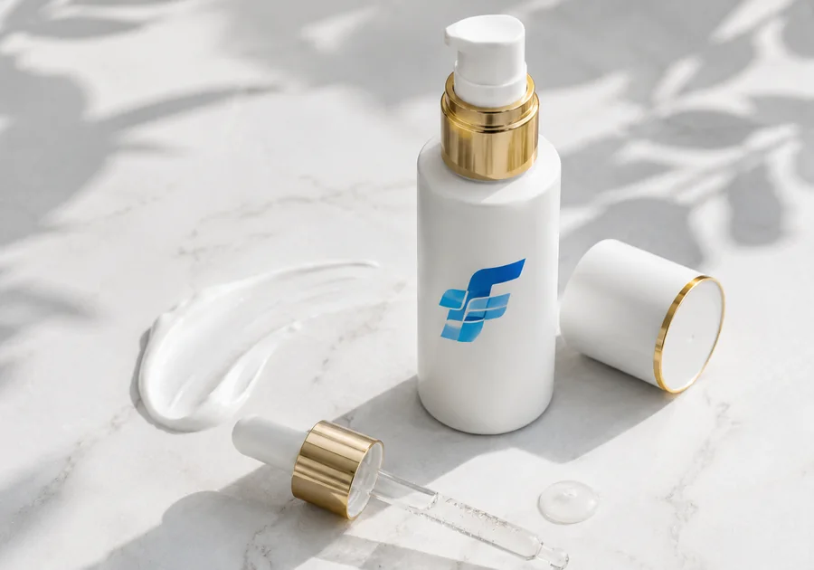 Frasco airless de sérum dermatológico e pipeta de vidro